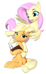 Size: 2160x3500 | Tagged: safe, artist:owlpirate, derpibooru import, applejack, fluttershy, earth pony, pegasus, pony, 3d, book, duo, duo female, female, flying, high res, image, lesbian, lidded eyes, mare, open mouth, open smile, png, ship:appleshy, shipping, simple background, smiling, source filmmaker, transparent background