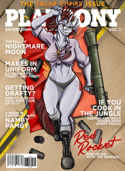 Size: 1668x2271 | Tagged: suggestive, artist:buckweiser, derpibooru import, oc, oc:red rocket, anthro, unicorn, series:playpony the solar empire mini series, boots, cap, clothes, flag, front knot midriff, glasses, hat, horn, image, latex, midriff, necktie, panties, pinup, playboy, playpony, png, recoilless rifle, shoes, solar empire, text, thong, underwear, uniform, weapon