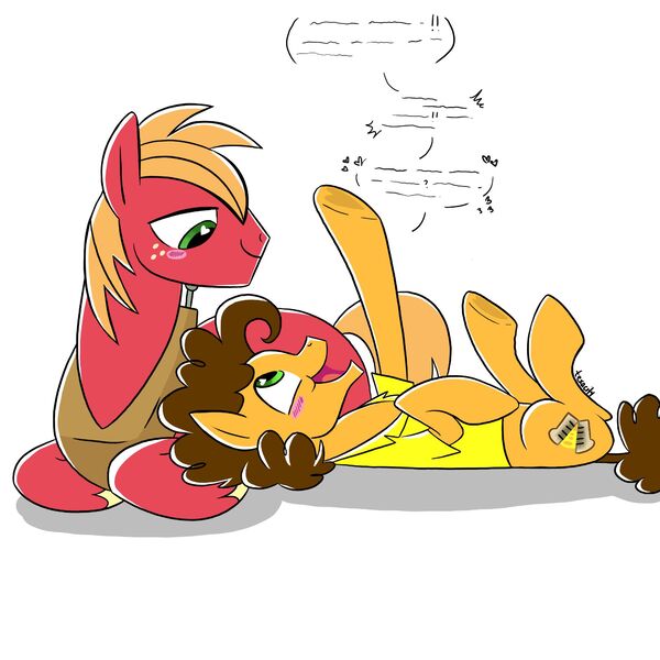 Size: 2000x2000 | Tagged: safe, artist:texacity, derpibooru import, big macintosh, cheese sandwich, earth pony, pony, g4, blushing, duo, duo male, gay, heart, heart eyes, image, jpeg, looking at each other, looking at someone, lying down, mac n cheese, male, on back, prone, shipping, simple background, smiling, smiling at each other, stallion, white background, wingding eyes