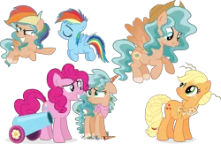 Size: 5773x3763 | Tagged: safe, artist:cirillaq, derpibooru import, applejack, pinkie pie, rainbow dash, oc, oc:daydream, pegasus, pony, female, filly, foal, hat, image, party cannon, png, simple background, teenager, transparent background, vector, wig