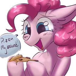 Size: 2048x2048 | Tagged: safe, artist:cupute, derpibooru import, pinkie pie, earth pony, pony, admiration, admiring, blushing, chromatic aberration, crying, cute, diapinkes, food, happy, holding, image, looking down, meme, pizza, png, shiny mane, silly, silly pony, smiling, tears of joy