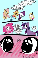 Size: 1344x2048 | Tagged: safe, artist:captainzigo, derpibooru import, applejack, fluttershy, pinkie pie, rainbow dash, rarity, twilight sparkle, oc, earth pony, pegasus, pony, unicorn, appledash, blush scribble, blushing, close-up, comic, dialogue, female, flutterdash, heart, heart eyes, horn, image, lesbian, mane six, mare, png, polyamory, rarijack, shipping, twinkie, unicorn twilight, wingding eyes