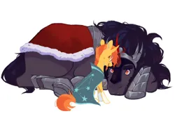 Size: 1200x800 | Tagged: safe, artist:bananasmores, derpibooru import, king sombra, sunburst, pony, unicorn, g4, duo, gay, horn, image, looking at each other, looking at someone, lying down, male, png, shipping, simple background, size difference, somburst, white background