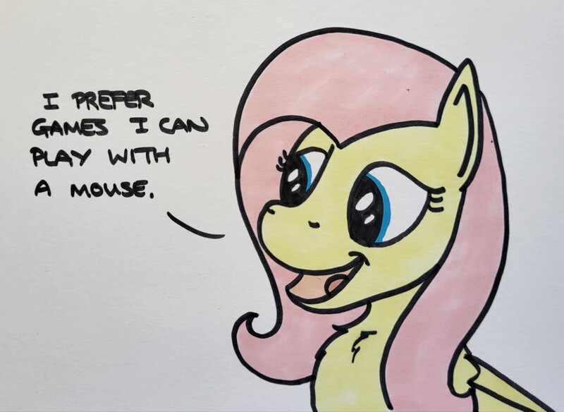 Size: 2048x1495 | Tagged: safe, artist:hoofclid, derpibooru import, fluttershy, pegasus, pony, g4, chest fluff, dialogue, female, image, jpeg, mare, marker drawing, open mouth, open smile, smiling, solo, traditional art