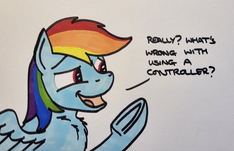 Size: 2048x1320 | Tagged: safe, artist:hoofclid, derpibooru import, rainbow dash, pegasus, pony, g4, chest fluff, dialogue, female, image, jpeg, lidded eyes, mare, marker drawing, open mouth, open smile, smiling, solo, traditional art, underhoof