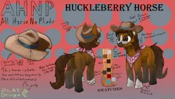 Size: 7680x4320 | Tagged: safe, artist:zlatdesign, derpibooru import, oc, oc:huckleberry horse, bandana, cowboy hat, glasses, hat, hoers, image, png, reference sheet, text