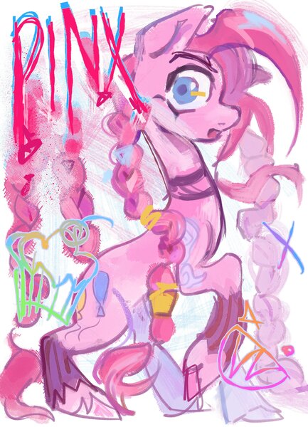 Size: 2563x3552 | Tagged: safe, artist:applepums, derpibooru import, pinkie pie, earth pony, pony, g4, abstract background, alternate accessories, alternate design, alternate hairstyle, alternate tailstyle, big eyes, blue eyes, braid, braided ponytail, braided tail, choker, clothes, colored hooves, crossover, eyelashes, female, graffiti, hooves, image, jinx (league of legends), jpeg, league of legends, leg warmers, long mane, long neck, long tail, looking at you, looking back, mare, open mouth, pink coat, pink hooves, pink mane, pink tail, pink text, ponytail, profile, raised hoof, solo, standing, striped leg warmers, tail, text, thin, tied mane, tied tail, unshorn fetlocks