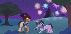 Size: 4629x2267 | Tagged: safe, artist:okimi, derpibooru import, oc, oc:lucid waves, oc:moonheart, earth pony, unicorn, background, bush, clothes, cosplay, costume, couple, disney, disney character, disney princess, dress, earth pony oc, female, fireworks, head chain, horn, image, jewelry, looking at each other, looking at someone, male, marriage proposal, moon, night, night sky, oc x oc, outfit, png, ring, shipping, sky, smiling, smiling at each other, stars, tangled (disney), tree, unicorn oc
