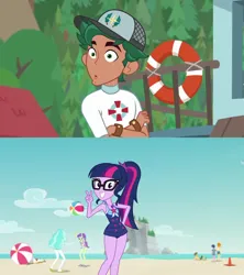 Size: 1920x2160 | Tagged: safe, derpibooru import, edit, edited screencap, screencap, sci-twi, timber spruce, twilight sparkle, human, equestria girls, equestria girls series, g4, turf war, beach, beach ball, equestria girls specials, female, hat, image, life preserver, male, my little pony equestria girls: better together, my little pony equestria girls: forgotten friendship, peace sign, png, rash guard, ship:timbertwi, shipping, straight, timbertwi