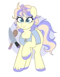 Size: 950x1220 | Tagged: safe, artist:lulubell, derpibooru import, oc, oc:chiffonade charm, unofficial characters only, pony, unicorn, apron, chef, clothes, female, horn, image, knife, mare, png, spoon