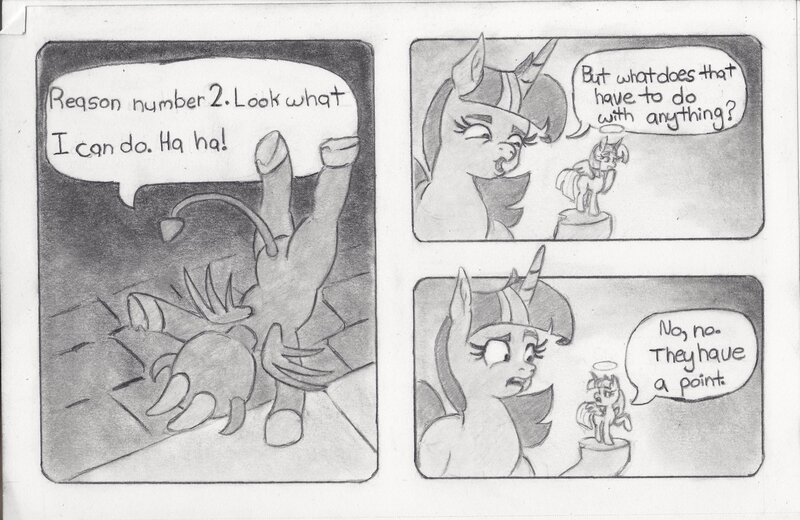 Size: 2000x1301 | Tagged: safe, artist:nedemai, derpibooru import, twilight sparkle, twilight sparkle (alicorn), alicorn, pony, angel, atg 2024, butt, comic, devil, dialogue, female, grayscale, handstand, image, jpeg, mare, monochrome, newbie artist training grounds, pencil drawing, plot, shoulder angel, shoulder devil, speech bubble, the emperor's new groove, traditional art, trio, twibutt, upside down