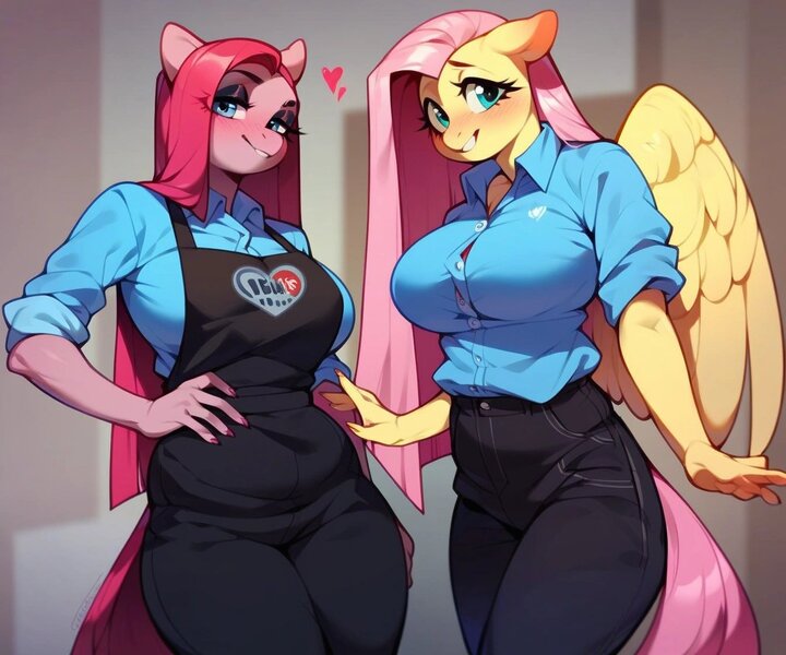 Size: 1344x1120 | Tagged: prompter needed, questionable, ai content, derpibooru import, machine learning generated, stable diffusion, fluttershy, pinkie pie, anthro, big breasts, blushing, breasts, clothes, generator:purplesmart.ai, image, jpeg, looking at you, pinkamena diane pie, simple background