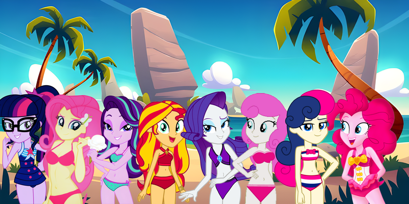 Size: 2960x1480 | Tagged: suggestive, artist:rosasmitt, derpibooru import, bon bon, fluttershy, pinkie pie, rarity, sci-twi, starlight glimmer, sunset shimmer, sweetie drops, twilight sparkle, twinkleshine, equestria girls, g4, beach, beauty, bikini, caption, clothes, cute, fan made, image, image macro, png, rarity's beach shorts swimsuit, seductive, sexy, spoilers for another series, summer, sunset shimmer's beach shorts swimsuit, swimsuit, text, vacation