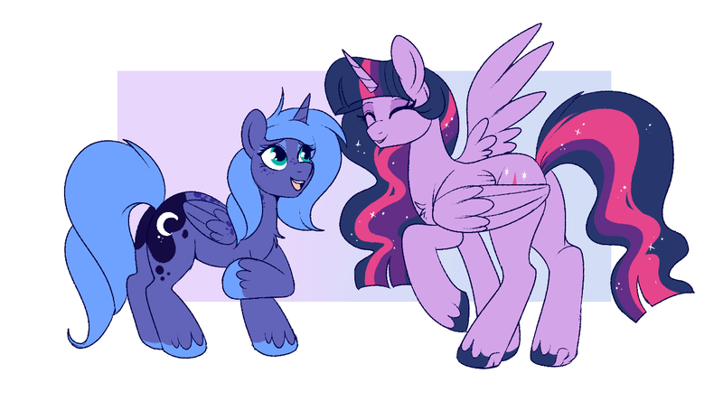 Size: 1275x707 | Tagged: safe, artist:lulubell, derpibooru import, princess luna, twilight sparkle, female, image, lesbian, png, role reversal, s1 luna, ship:twiluna, shipping