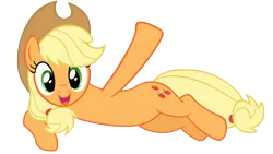 Size: 4000x2250 | Tagged: safe, anonymous artist, derpibooru import, applejack, earth pony, pony, g4, applejack's hat, cowboy hat, female, hat, high res, image, looking at you, lying down, mare, open mouth, open smile, outstretched hoof, png, side, simple background, smiling, smiling at you, solo, transparent background, vector