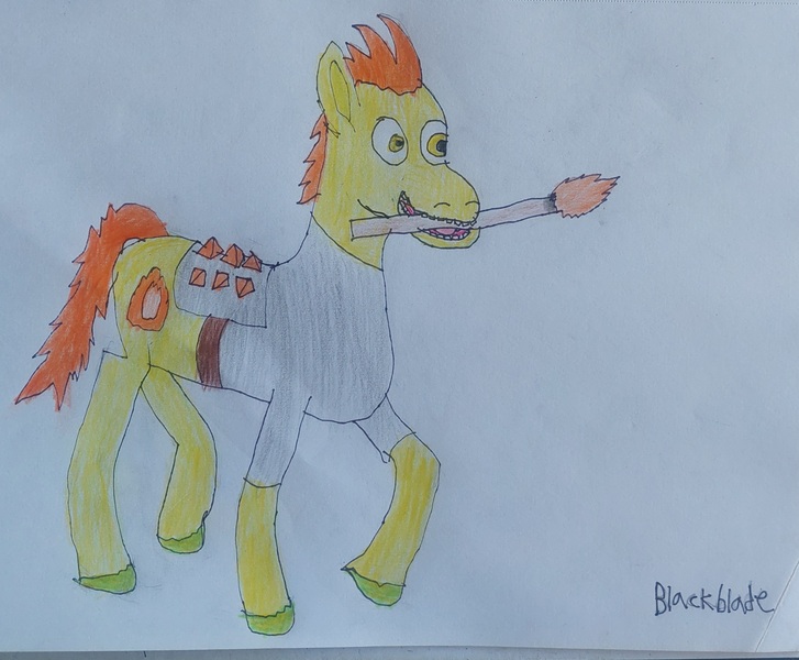 Size: 3032x2504 | Tagged: safe, artist:blackblade360, derpibooru import, oc, oc:blaze, unofficial characters only, earth pony, pony, fallout equestria, armor, clothes, colored pencil drawing, creepy, creepy smile, earth pony oc, fallout, green coat, image, irl, jpeg, male, orange mane, orange tail, paper, photo, raider, raider armor, rapeface, signature, simple background, smiling, solo, stallion, stallion oc, tail, torch, traditional art, unshorn fetlocks, walking