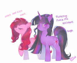 Size: 2048x1666 | Tagged: safe, artist:petaltwinkle, derpibooru import, pinkie pie, twilight sparkle, earth pony, pony, unicorn, g4, alternate hairstyle, alternate tailstyle, assistant, bangs, blushing, duo, duo female, ear blush, eye clipping through hair, eyelashes, eyes closed, facial markings, female, horn, image, jpeg, long mane, long tail, looking away, mare, multicolored mane, multicolored tail, narrowed eyes, nose blush, pink coat, pink mane, pink text, ponytail, purple coat, purple eyes, purple text, raised hoof, shiny eyes, shiny mane, signature, simple background, smiling, standing, tail, text, three toned mane, three toned tail, tied mane, tri-color mane, tri-color tail, tri-colored mane, tri-colored tail, tricolor mane, tricolor tail, tricolored mane, tricolored tail, unicorn horn, unicorn twilight, wavy mane, white background