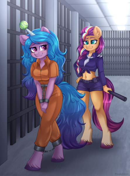 Size: 2145x2900 | Tagged: safe, artist:madelinne, derpibooru import, izzy moonbow, sunny starscout, anthro, earth pony, unguligrade anthro, unicorn, g5, ankle chain, clothes, cuffs, duo, duo female, female, horn, image, png, prison, prison outfit, prisoner