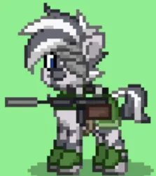 Size: 296x332 | Tagged: safe, artist:blackblade360, derpibooru import, oc, oc:gamba, unofficial characters only, pony, zebra, fallout equestria, armor, armored zebra, ashes town, bandage, battle saddle, blue eyes, digital art, fallout, green background, image, leg stripes, male, mohawk, pixel art, png, simple background, stallion, stallion oc, story included, striped mane, striped tail, stripes, tail, zebra oc