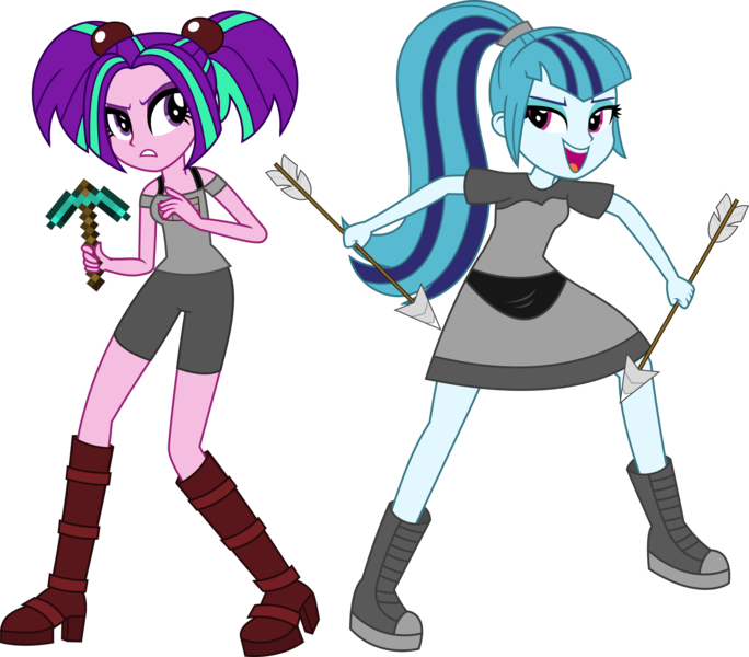 Size: 3046x2672 | Tagged: safe, artist:sketchmcreations, derpibooru import, aria blaze, sonata dusk, equestria girls, g4, arrow, clothes, cosplay, costume, crafter, diamond pickaxe, dispenser, dress, female, image, minecraft, pants, pickaxe, png, shirt, shoulderless, simple background, transparent background, vector