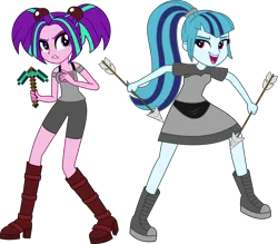 Size: 3046x2672 | Tagged: safe, artist:sketchmcreations, derpibooru import, aria blaze, sonata dusk, equestria girls, g4, arrow, clothes, cosplay, costume, crafter, diamond pickaxe, dispenser, dress, female, image, minecraft, pants, pickaxe, png, shirt, shoulderless, simple background, transparent background, vector