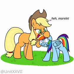 Size: 1000x1000 | Tagged: safe, artist:unitxxvii, derpibooru import, applejack, rainbow dash, earth pony, pegasus, pony, g4, duo, duo female, female, floppy ears, frown, height difference, hoof on head, image, jpeg, marelet, missing cutie mark, mocking, rainbow dash is not amused, simple background, smoldash, unamused, white background