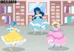 Size: 1493x1056 | Tagged: safe, artist:excelso36, derpibooru import, oc, oc:azure/sapphire, oc:cold front, oc:disty, unofficial characters only, equestria girls, g4, clothes, crossdressing, dancing, dress, femboy, image, jpeg, looking at you, makeup, male, smiling, smiling at you, store, trio, wig
