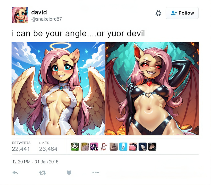 Size: 2532x2220 | Tagged: questionable, ai content, derpibooru import, machine learning generated, prompter:lewdflutters, fluttershy, anthro, bat pony, bat ponified, clothes, derpibooru exclusive, flutterbat, halo, i can be your angle or yuor devil, image, intentional spelling error, meme, png, ponified meme, race swap