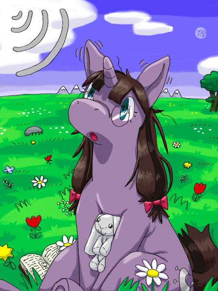 Size: 1535x2048 | Tagged: safe, artist:ange1egg, artist:mimill3, derpibooru import, oc, oc:para phenomena, unofficial characters only, pony, unicorn, blue eyes, brown hair, brown tail, cloud, flower, grass, horn, image, outdoors, plushie, png, purple coat, sky, solo, tail, unicorn oc