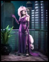 Size: 4800x6000 | Tagged: safe, artist:imafutureguitarhero, derpibooru import, fleur-de-lis, anthro, classical unicorn, pony, unguligrade anthro, unicorn, g4, 3d, absurd resolution, arm fluff, balcony, boots, border, cheek fluff, chest fluff, chromatic aberration, clothes, cloven hooves, colored eyebrows, colored eyelashes, commission, dress, ear fluff, evening gloves, eyeshadow, female, fence, film grain, floppy ears, fluffy, fluffy hair, fluffy mane, fluffy tail, fur, gloves, hand on hip, hoof fluff, horn, image, jewelry, jpeg, leonine tail, long gloves, looking at you, makeup, mare, neck fluff, necklace, night, one ear down, outdoors, paintover, pendant, potted plant, purple dress, revamped anthros, revamped ponies, see-through, shiny, shoes, shoulder fluff, side slit, signature, skyline, skyscraper, smiling, smiling at you, socks, solo, source filmmaker, stars, tail, thigh highs, unshorn fetlocks, vertical, wall of tags, watch, waving, waving at you
