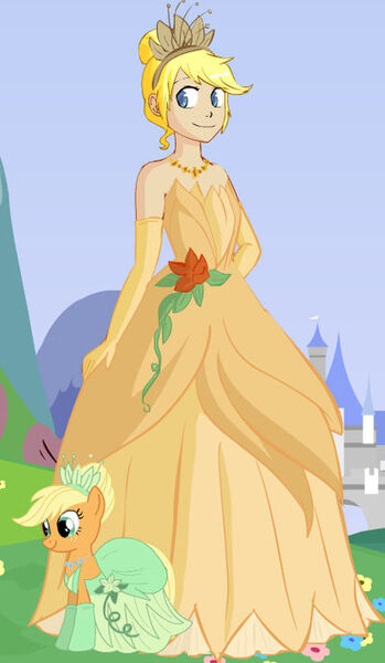 Size: 400x687 | Tagged: safe, artist:glittertiara, derpibooru import, applejack, human, pony, applejack also dresses in style, clothes, disney, dress, evening gloves, female, flower, gloves, gown, image, jewelry, jpeg, long gloves, mare, necklace, rose, smiling, the princess and the frog, tiana