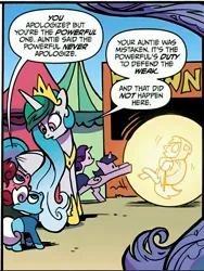 Size: 3420x4540 | Tagged: safe, artist:andy price, derpibooru import, idw, auntie shadowfall, princess celestia, scarlet petal, starlight glimmer, twilight sparkle, winter comet, alicorn, earth pony, pony, unicorn, g4, spoiler:comic, spoiler:comic65, barrier, force field, horn, image, jpeg, official comic