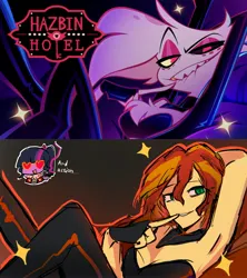 Size: 3639x4091 | Tagged: suggestive, artist:one177, derpibooru import, sunset shimmer, anthro, equestria girls, g4, angel dust (hazbin hotel), clothes, cosplay, costume, hazbin hotel, hellaverse, image, jpeg, looking at you, that's entertainment, tights