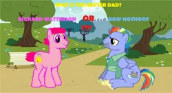 Size: 4320x2336 | Tagged: safe, artist:memeartboi, derpibooru import, bow hothoof, oc, ponified, earth pony, pegasus, pony, g4, bowabetes, buff, clothes, cute, debate, discussion, duo, duo male, earth pony oc, father, fatherly, handsome, image, jacket, jpeg, male, multicolored hair, muscles, park, park background, pegasus wings, rainbow hair, rainbow tail, richard watterson, shirt, sitting, smiling, stallion, standing, tail, the amazing world of gumball, tree, vote, who would win, wings