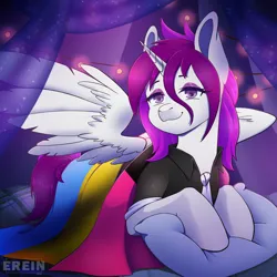 Size: 2000x2000 | Tagged: safe, alternate version, artist:erein, derpibooru import, oc, oc:mewies, unofficial characters only, alicorn, pony, alicorn oc, alternate character, bedroom, clothes, commission, demipansexual, demipansexual pride flag, ears up, eyeshadow, female, flag, garland, high res, horn, image, indoors, jpeg, lgbt, looking at you, makeup, multicolored hair, multicolored tail, necktie, night, pillow, pride, pride flag, pride month, room, shirt, smiling, smiling at you, solo, spread wings, string lights, tail, white fur, wings, ych result