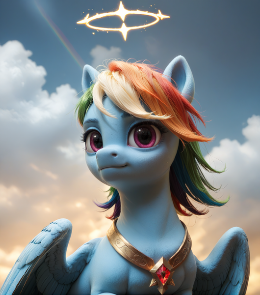 Size: 1688x1912 | Tagged: safe, ai content, derpibooru import, generator:pony realism 2.1, machine learning generated, prompter:nonezid, stable diffusion, rainbow dash, pegasus, pony, g4, clothes, cloud, female, halo, image, jewelry, looking at you, mare, png, realistic, sky, smiling, solo, spread wings, wings