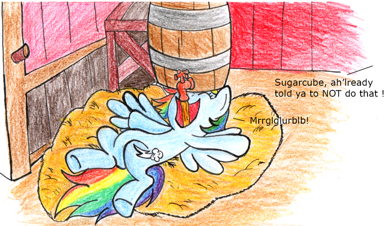 Size: 1416x820 | Tagged: safe, artist:fleximusprime, derpibooru import, rainbow dash, pegasus, g4, atg 2024, barrel, cider, drink, drinking, hay, image, implied applejack, newbie artist training grounds, png, solo