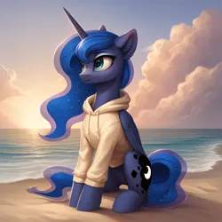 Size: 2048x2048 | Tagged: safe, ai content, derpibooru import, generator:autismmixpony, machine learning generated, prompter:liladash, stable diffusion, princess luna, alicorn, pony, g4, beach, clothes, cloud, cute, ear fluff, folded wings, hoodie, horn, image, looking away, lunabetes, png, sitting, solo, sunset, water, wings