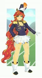 Size: 2499x4677 | Tagged: safe, artist:deeemperor, derpibooru import, sunset shimmer, equestria girls, g4, boots, choker, clothes, coat, cute, female, gloves, grin, hat, image, jpeg, marching band, marching band uniform, ponied up, pony ears, shimmerbetes, shirt, shoes, skirt, smiling, solo, tail, uniform