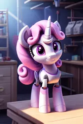 Size: 512x768 | Tagged: safe, ai content, derpibooru import, machine learning generated, prompter:chillyhooves, stable diffusion, sweetie belle, pony, robot, robot pony, unicorn, horn, image, jpeg, set phasers to hug, solo, sweetie bot, workshop, wrong eye color