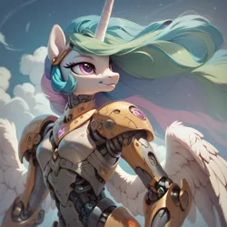 Size: 1024x1024 | Tagged: safe, ai content, derpibooru import, machine learning generated, stable diffusion, princess celestia, anthro, robot, generator:pony diffusion v6 xl, image, png, prompter:teonanakatle, solo