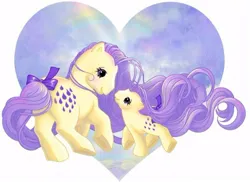 Size: 664x483 | Tagged: safe, artist:scholtenart, derpibooru import, baby lemon drop, lemon drop, earth pony, pony, g1, baby, baby pony, bow, cloud, female, filly, foal, heart, heart background, image, jpeg, looking at each other, looking at someone, mother and child, mother and daughter, rainbow, simple background, sky, tail, tail bow, white background