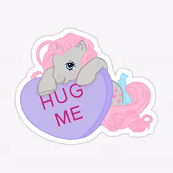 Size: 600x600 | Tagged: safe, artist:scholtenart, derpibooru import, snuzzle, earth pony, pony, g1, bow, candy, conversation heart, food, gray coat, heart, holiday, image, jpeg, pink mane, simple background, solo, sticker, tail, tail bow, valentine's day