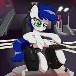 Size: 2000x2000 | Tagged: safe, artist:trackheadtherobopony, derpibooru import, oc, oc:shy white flash, pegasus, chair, elite dangerous, image, png, science fiction, solo, spaceship