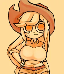 Size: 1157x1323 | Tagged: safe, artist:kyouman1010, derpibooru import, applejack, human, equestria girls, g4, applejack's hat, belt, clothes, cowboy hat, freckles, hand on hip, hat, image, jpeg, shirt, smiling, solo