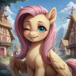 Size: 1024x1024 | Tagged: safe, ai content, derpibooru import, generator:bluefox mix, machine learning generated, prompter:adorablebluefox, stable diffusion, fluttershy, pegasus, pony, g4, :p, adorasexy, beautiful, beautisexy, blushing, cloud, cute, detailed, female, happy, image, jpeg, looking at you, mare, nature, one eye closed, outdoors, partially open wings, ponyville, pretty, sexy, shyabetes, side view, sitting, sky, smiling, solo, stupid sexy fluttershy, tongue out, wings, wink, winking at you