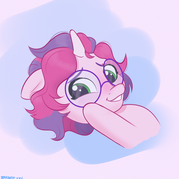 Size: 2480x2480 | Tagged: safe, artist:starburstuwu, derpibooru import, oc, oc:melody (melodylibris), unofficial characters only, pony, unicorn, abstract background, bust, colored eyebrows, eyelashes, female, floppy ears, glasses, horn, image, mare, mare oc, png, raised hoof, round glasses, shy, shy smile, signature, smiling, solo, two toned mane, unicorn oc