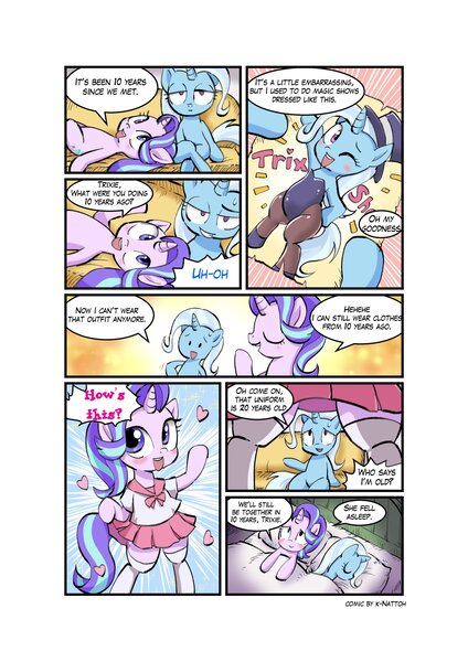 Size: 1414x2000 | Tagged: safe, artist:k-nattoh, derpibooru import, starlight glimmer, trixie, pony, unicorn, animal costume, bunny costume, clothes, comic, costume, cute, dialogue, duo, female, heart, horn, image, jpeg, lesbian, school uniform, shipping, skirt, socks, speech bubble, startrix, stockings, text, thigh highs