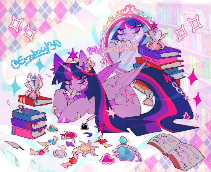 Size: 2048x1670 | Tagged: safe, artist:emoboy130, derpibooru import, twilight sparkle, twilight sparkle (alicorn), alicorn, pony, g4, abstract background, alternate accessories, alternate cutie mark, bandaid, bangs, big hooves, bookhorse, bookshelf, colored hooves, colored pinnae, crown, ear fluff, ear piercing, earring, element of magic, eye clipping through hair, female, floating heart, folded wings, frown, hair accessory, hairclip, heart, hooves, hourglass, image, jewelry, long eyelashes, long mane, long tail, looking away, lying down, mane accessory, mane clip, mare, mirror, multicolored mane, multicolored tail, open book, pentagram, piercing, png, prone, puella magi madoka magica, purple coat, purple eyes, purple hooves, quill pen, regalia, shiny mane, shiny tail, shrunken pupils, signature, solo, sparkles, stack of books, straight mane, straight tail, tail, tail accessory, text, three toned mane, three toned tail, tiara, tri-color mane, tri-color tail, tri-colored mane, tri-colored tail, tricolor mane, tricolor tail, tricolored mane, tricolored tail, wall of tags, wing fluff, wings, zoom layer