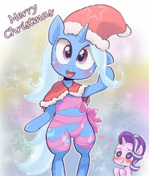 Size: 1354x1600 | Tagged: suggestive, artist:k-nattoh, derpibooru import, starlight glimmer, trixie, pony, unicorn, bipedal, blood, blushing, christmas, duo, female, gradient background, hat, heart, heart eyes, holiday, horn, image, jpeg, lesbian, nosebleed, open mouth, ribbon, santa hat, shipping, smiling, standing, stars, startrix, wingding eyes